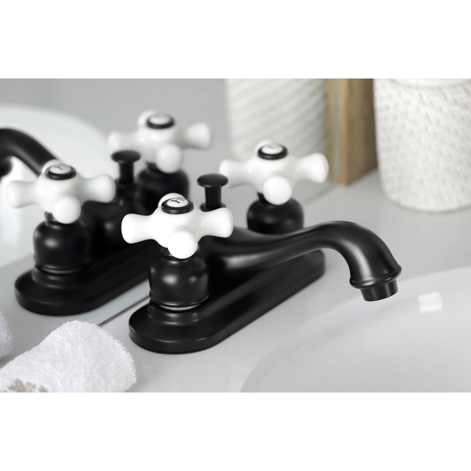 Kingston Heirloom KB600PX - Restoration Double-Handle 3-Hole Deck Mount 4-Inch Centerset Bathroom Faucet with Pop-Up Drain, Matte Black — thumbnail 2